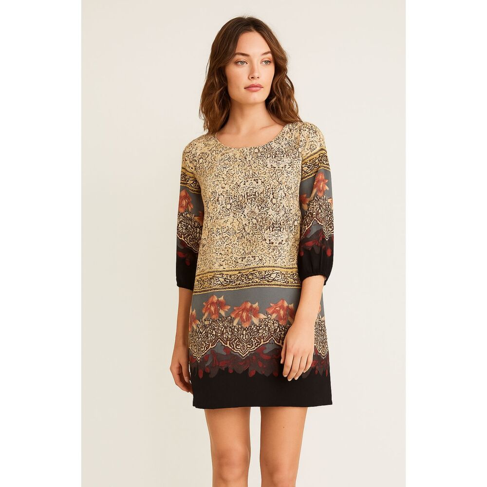 Anthropologie Moon Collection Floral Hem Long Sleeve Shift Dress L